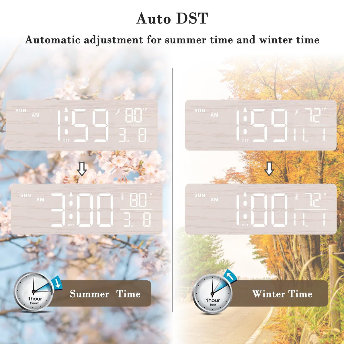 DreamSky Wooden Digital Alarm Clock with Date & Day of Week for Bedroom