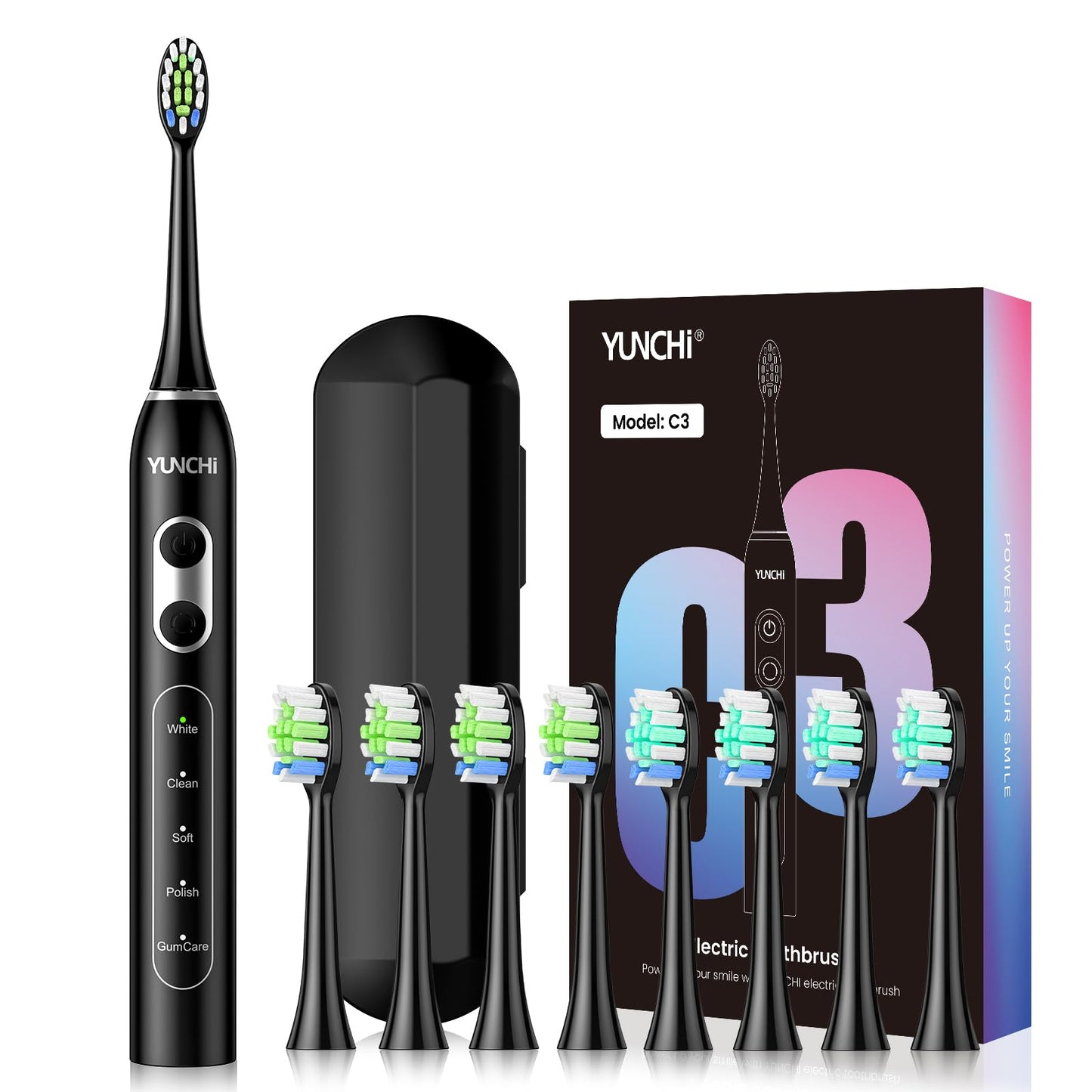 YUNCHI C3 Electric Toothbrushes for Adults,8 Brush Heads and Travel Case,Sonic Toothbrush with 5 Modes and 2 Mins Smart Timer, Black