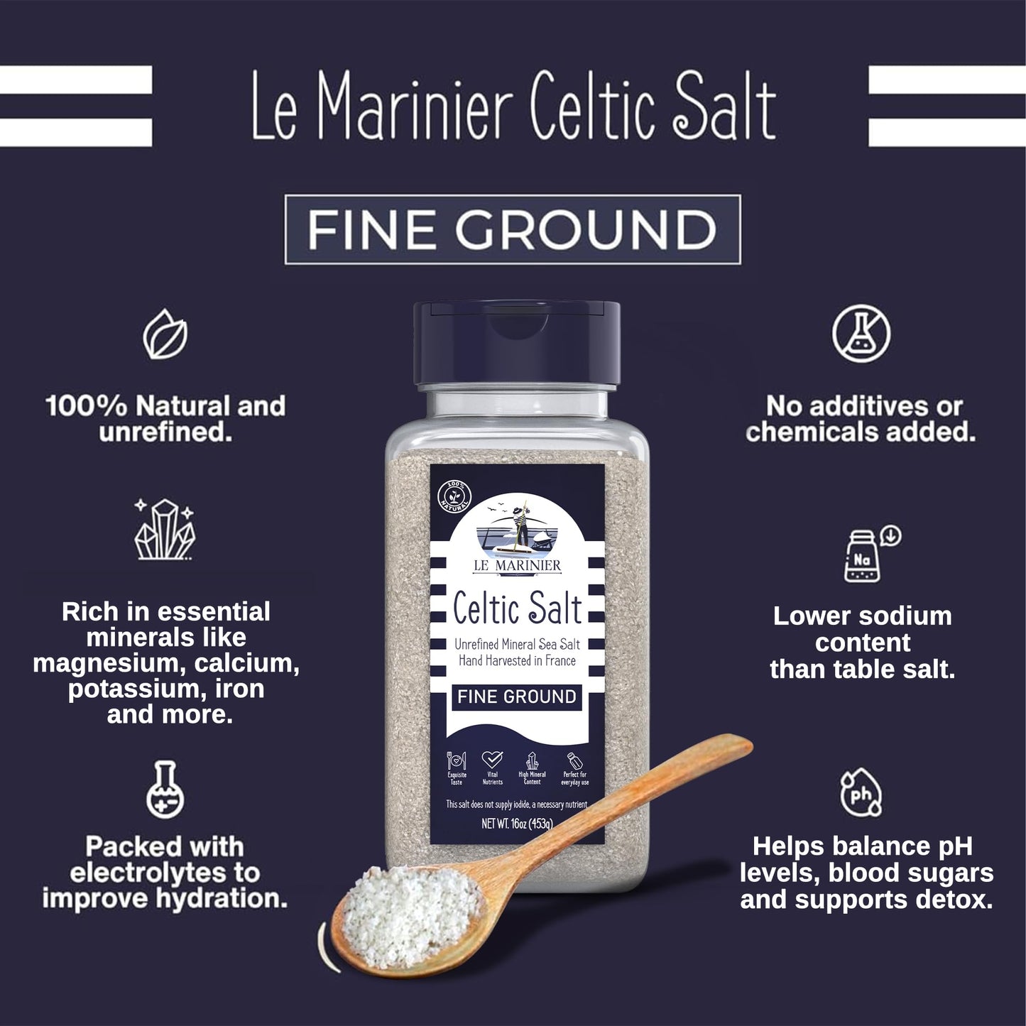 Le Marinier Celtic Salt Organic Fine Ground, 1 lb - 16oz. Mineral Rich 100% Natural and Unrefined. Refillable Salt Shaker. French Sea Salt with Vital Minerals. Hand Harvested (1 lb Fine Ground)