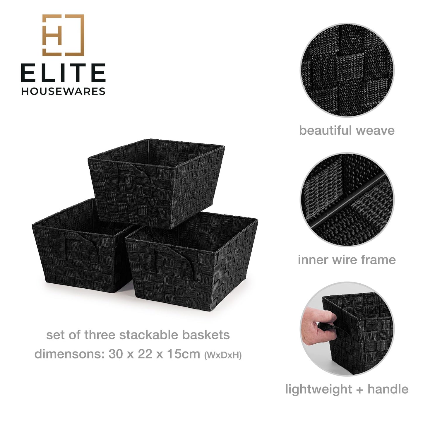 EHC Storage Baskets set of 3, Storage baskets for shelves, Storage Boxes Storage Organiser Hamper Basket, Black