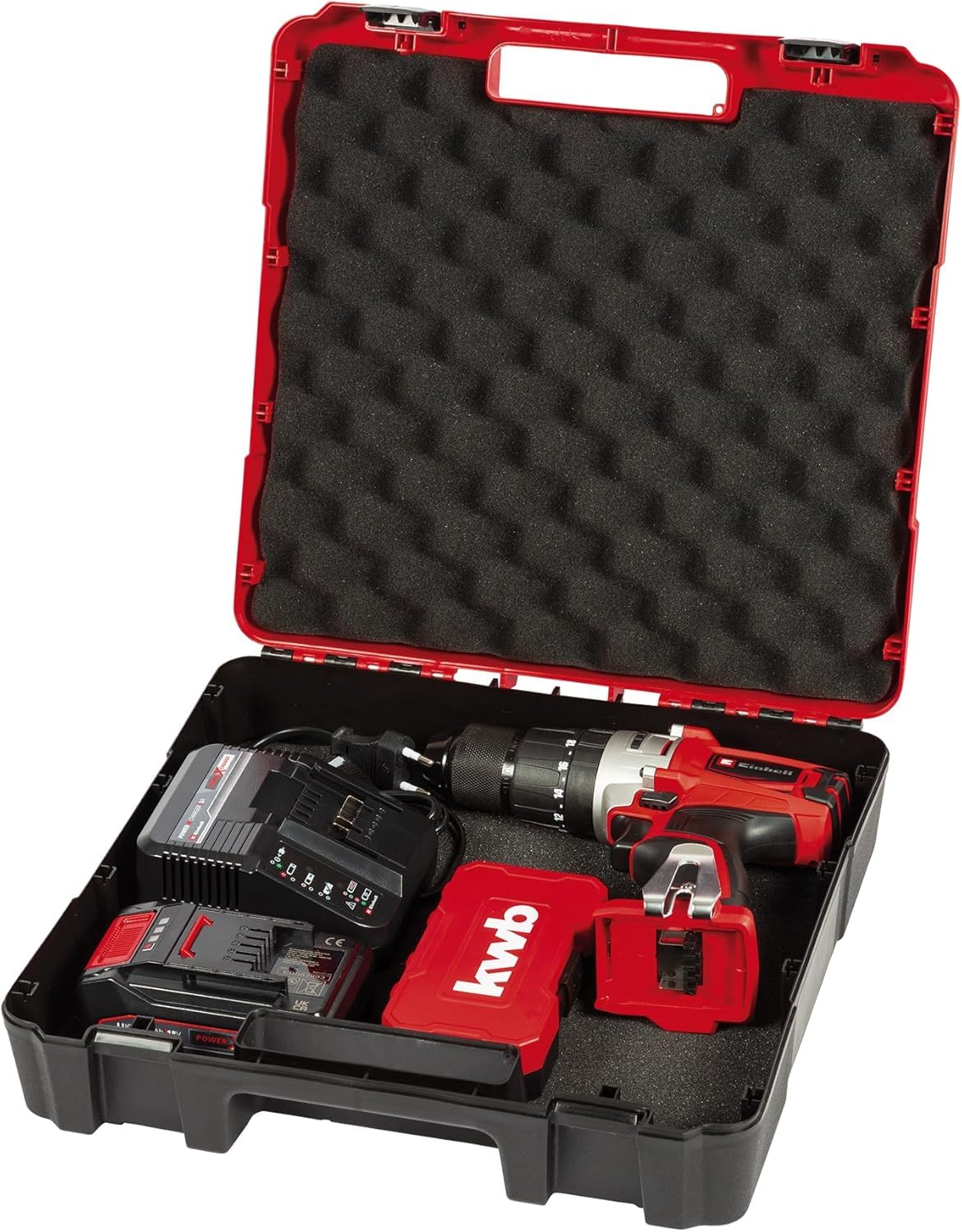 Einhell Power X-Change 44Nm Cordless Drill Driver With Battery And Charger - 18V, 3-in-1 Combi Drill, Hammer Drill And Screwdriver - With 22 Piece Drill Bit Set And Storage Case, Red/Black