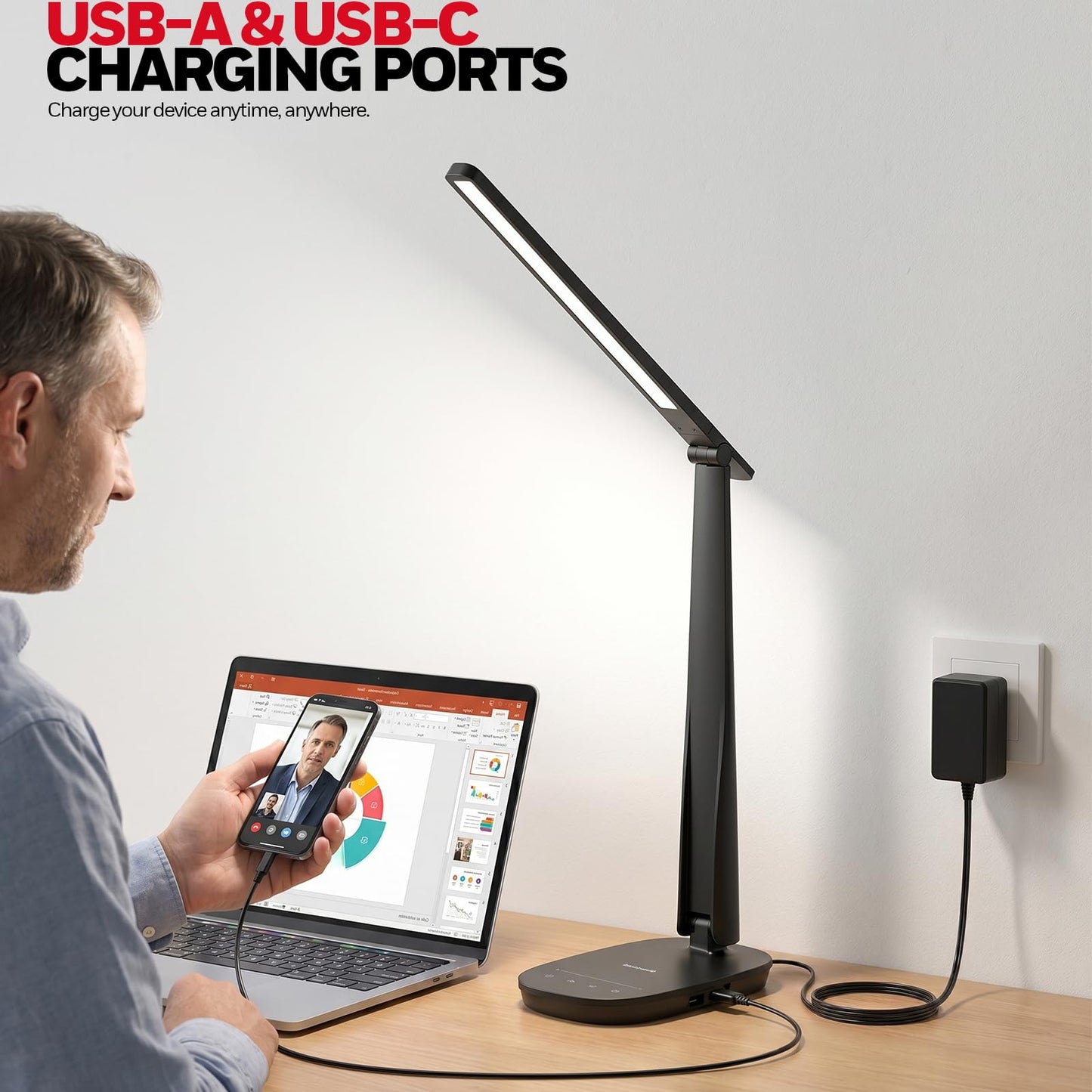 Honeywell LED Desk Lamp for Home Office, Eye-Caring Dimmable Reading Light with 4 Color Modes, Touch Control, USB-A & USB-C Charging Ports, Adjustable Head, Timer for Bedroom & Small Desks