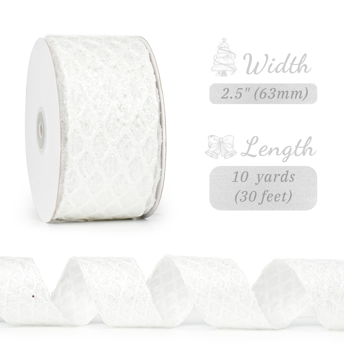 LIZLOVESS White Christmas Ribbon 2.5" Glitter Mesh Wired Ribbon for Christmas Tree White Diamond Honeycomb Ribbon for Gift Wrapping, Crafts, Wreath Supplies, Garland, Tree Topper Bows - 10 Yards
