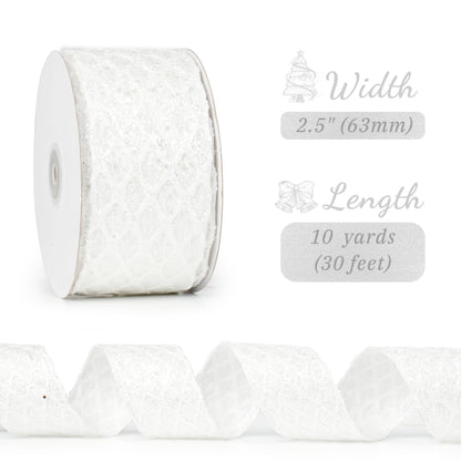 LIZLOVESS White Christmas Ribbon 2.5" Glitter Mesh Wired Ribbon for Christmas Tree White Diamond Honeycomb Ribbon for Gift Wrapping, Crafts, Wreath Supplies, Garland, Tree Topper Bows - 10 Yards