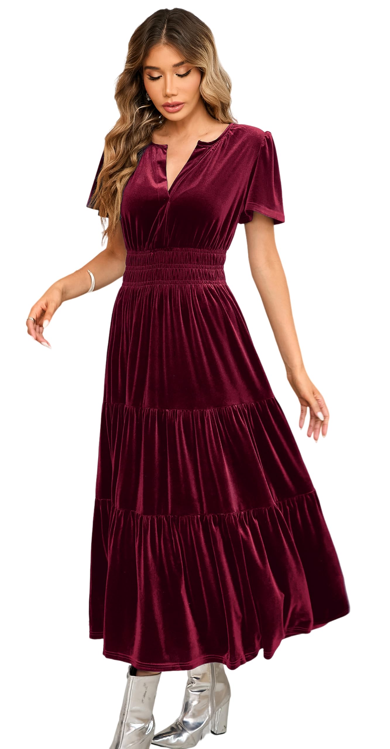 R.Vivimos Women's Fall Winter Vintage Velvet Dress Short Sleeve V Neck Elastic Waist Tiered Ruffle A-Line Flowy Elegant Maxi Dress (Large, WineRed)