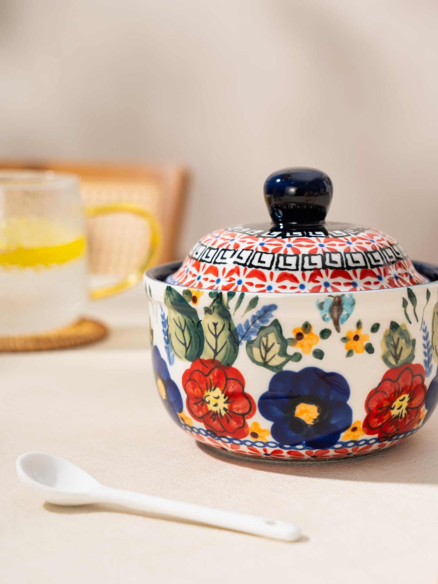 silesia Handmade Sugar Bowl with Lid and Spoon, 10 Ounce Ceramic Hand-Painted Sugar Jar for Kitchen in Gift Box, Kitchen Decor, Oven, Dishwasher & Microwave Safe, Polish Garden