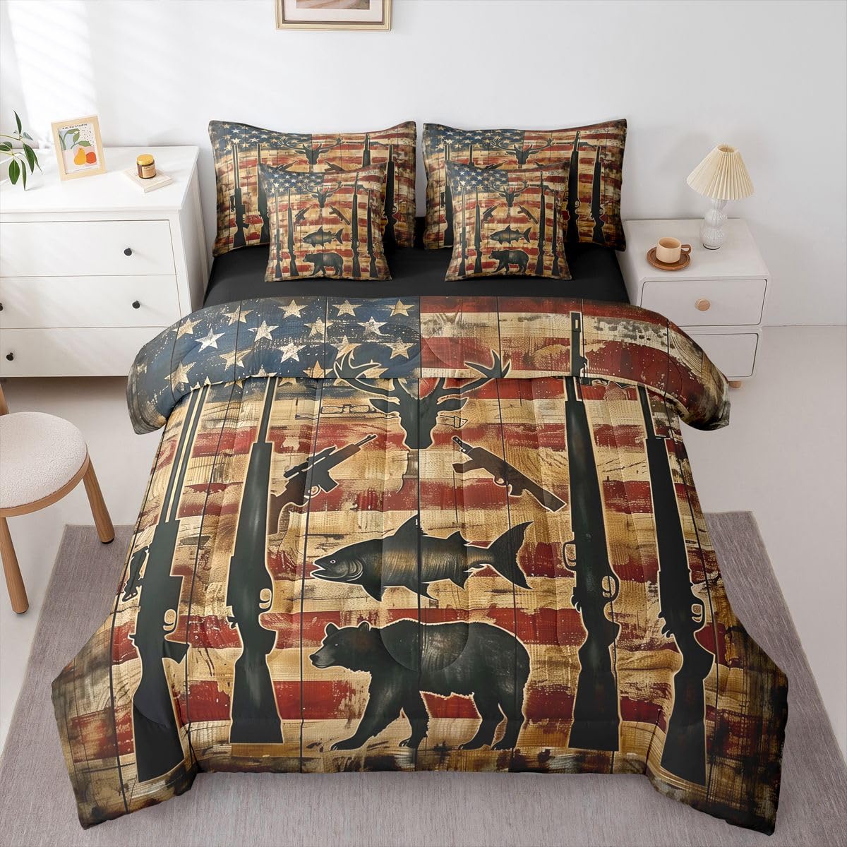 Erosebridal Shotgun 7 Piece Bedding Set Queen American Flag Comforter Set with Sheets Bear Bass Deer Head Hunting Theme Bed in a Bag Board Stars Print Red Blue for Teens Men Women