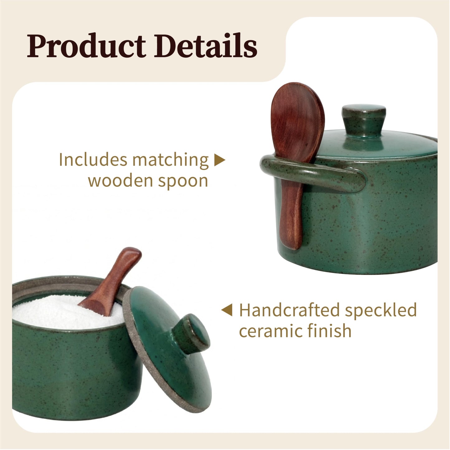 seicasaya Handcrafted Speckled Ceramic Salt Cellar with Wooden Spoon, Rustic Vintage Spice Jar, Dishwasher Safe, 8.45 fl oz (Vintage Green set of 2)