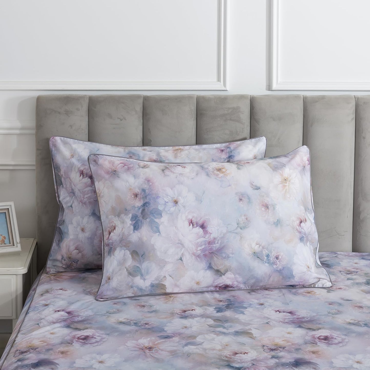 Puralens Purple Floral Percale Sheets Queen, 100% Cotton Soft Crisp Vintage Flower Bed Sheets, Butterfly Patterned Deep Pocket Aesthetic Farmhouse Sheet Set, Luxury Garden Toile Bedding, 4Pcs