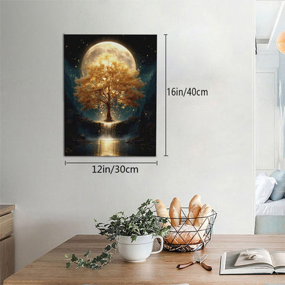 Golden Tree Wall Art Fantasy Tree with Moon and Waterfall Canvas Wall Decor Pictures Paintings Prints Mystical Nature Artwork Framed De corations For Meditation Space Bathroom Bedroom Living Room Office Gifts 12" x 16"