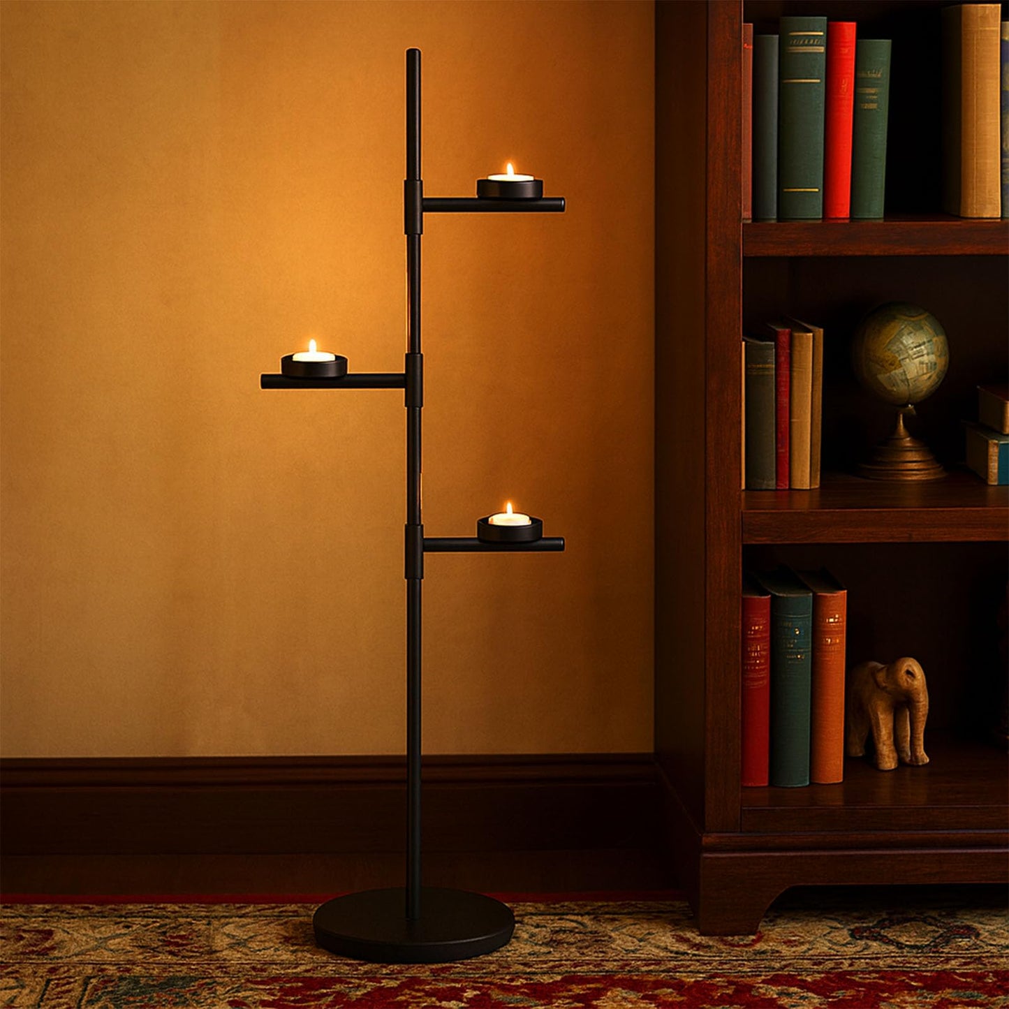 Smtyle Floor Candelabra Tall Tea Light Candle Holder Modern Black Metal Stand for Home Decor, Meditation, and Events