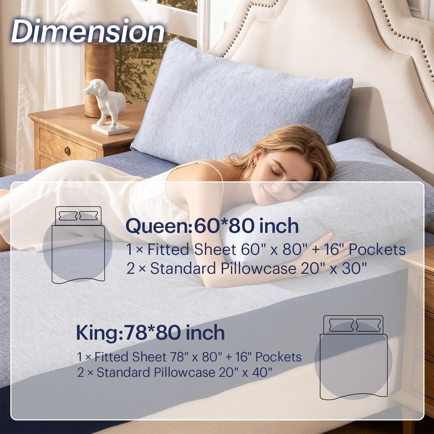 OMERAI 3 Piece Cooling King Size Sheet Set, Bed Sheets Set with 1 Fitted Sheet & 2 Pillowcases, Breathable Cool-to-Touch Fabric, Soft Smooth Deep Pockets Bed Sheets for Summer, Blue