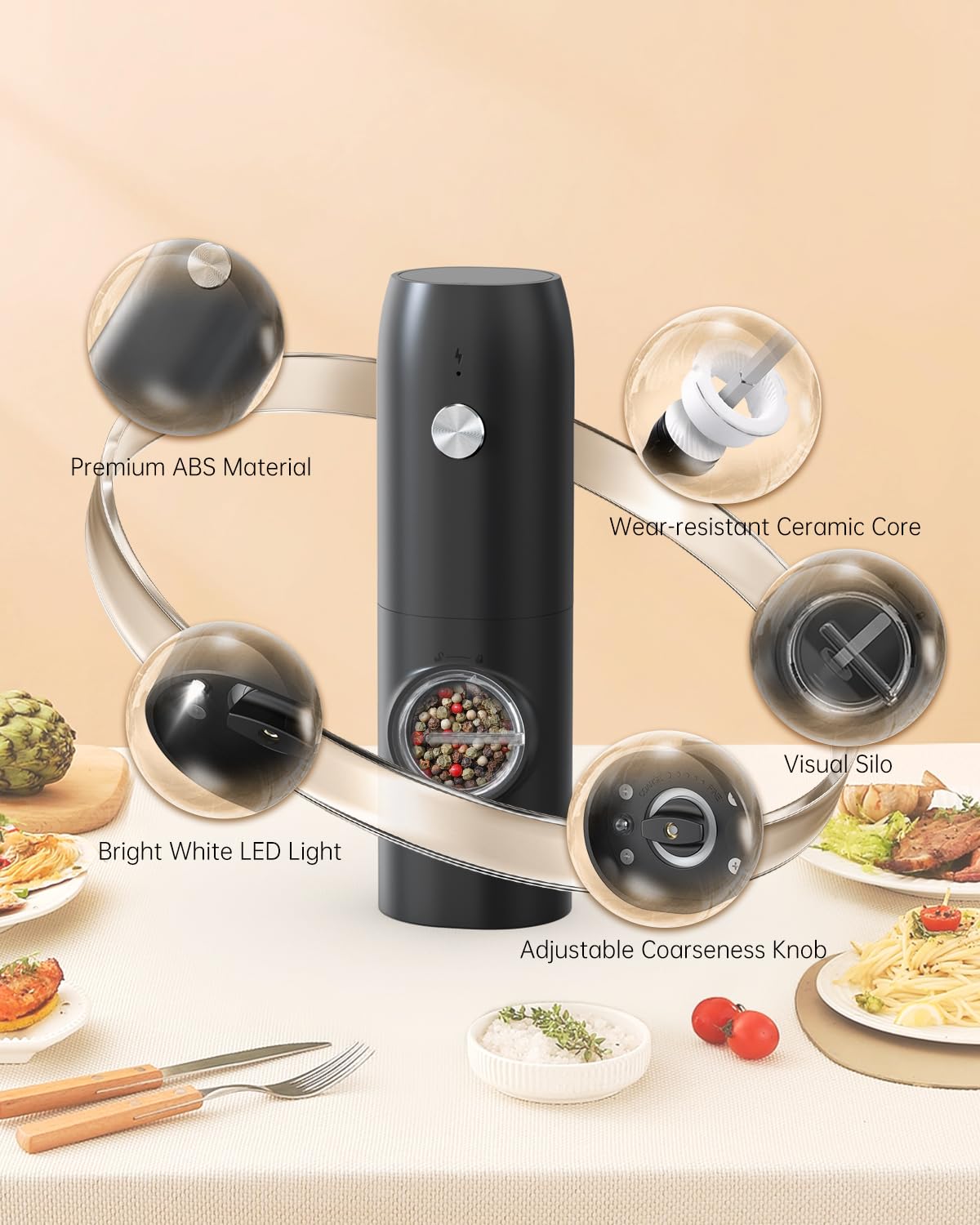 CIRCLE JOY Electric Pepper Grinder Mills, USB Rechargeable Salt and Pepper Set with Charging Base, Ceramic Grind and Adjustable Coarseness, Automatic Grinder for Home, Kitchen