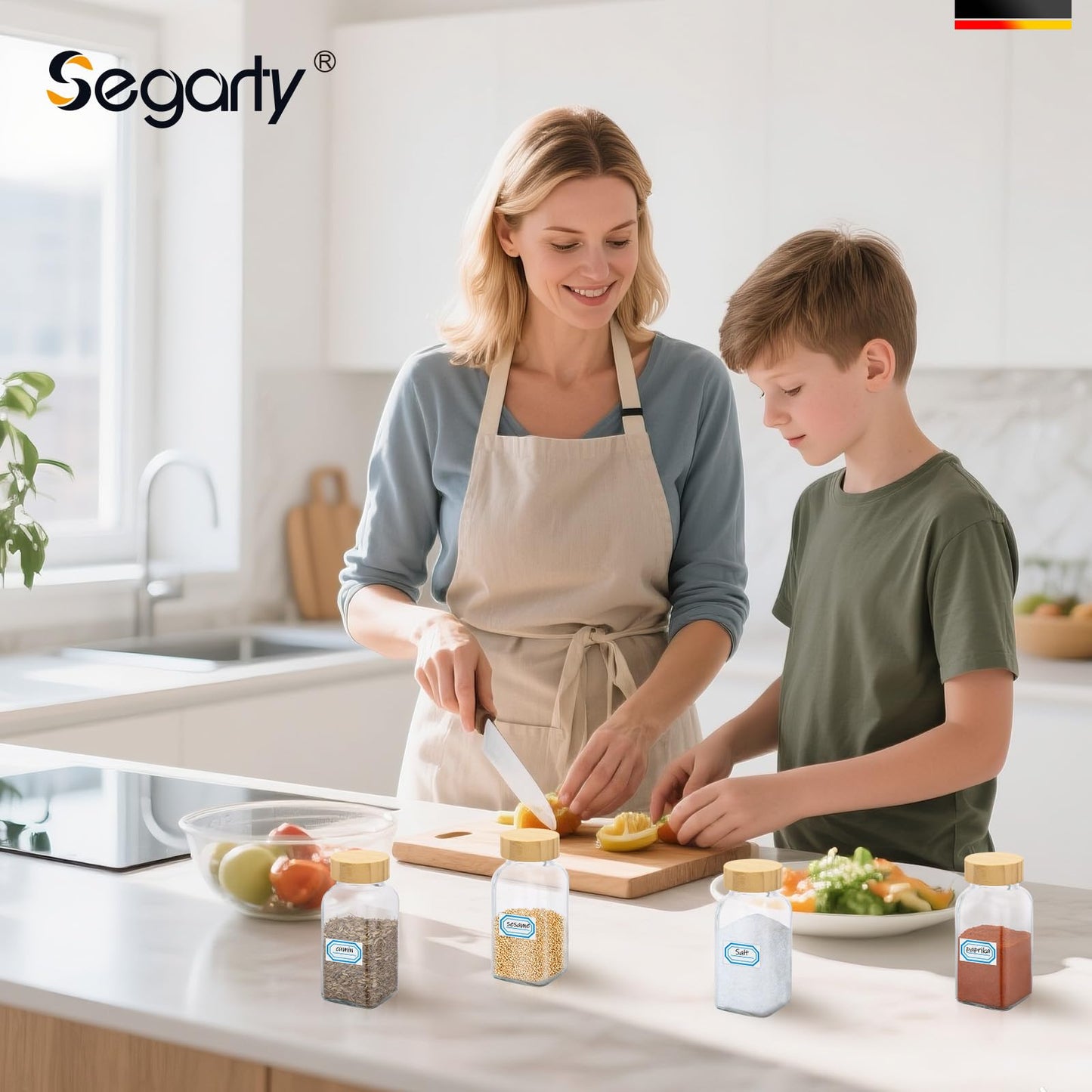 Segarty 6oz Spices Jars with Bamboo Shaker Lids, 2 PCS 180ml Square Spice Containers, Empty Glass Seasoning Organizers for Spices Herbs Storage, Large Salt and Pepper Shakers with 7 Stickers, 1 Brush
