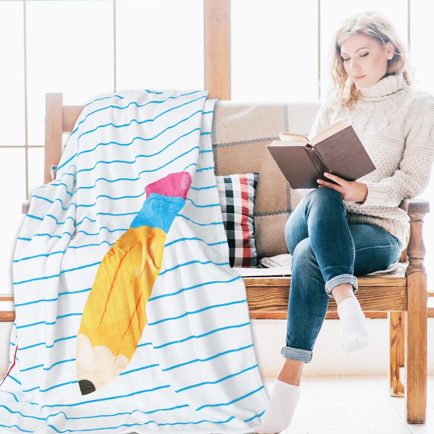JarThenaAMCS Back to School Fuzzy Blanket 60 x 50 Inch Throw Blanket Lined Notebook Pencil Soft Cozy Flannel Blankets for Graduation Teacher Appreciation Favors Home Chair Sofa Couch Bed