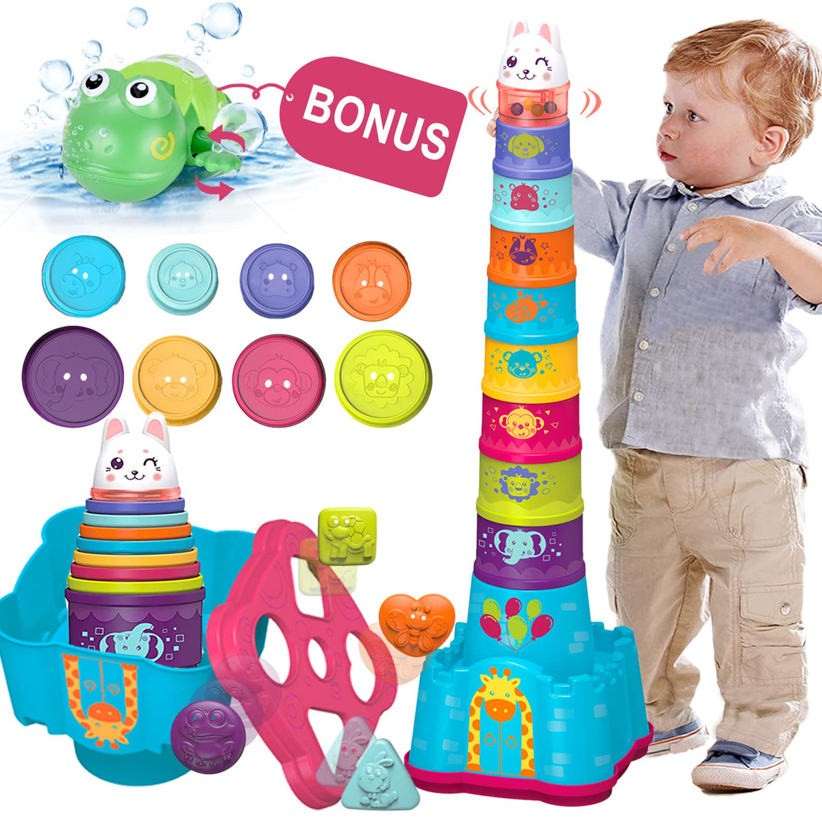 LTKFFFdp Baby Stacking Toys for Toddlers 1-3, Nesting Cups Shape Sorter for Infant 6 to 12-18 Month, Stackable Learning Toy with Blocks, Rattle & Frog Bath Toy, for Girl Boy Birthday