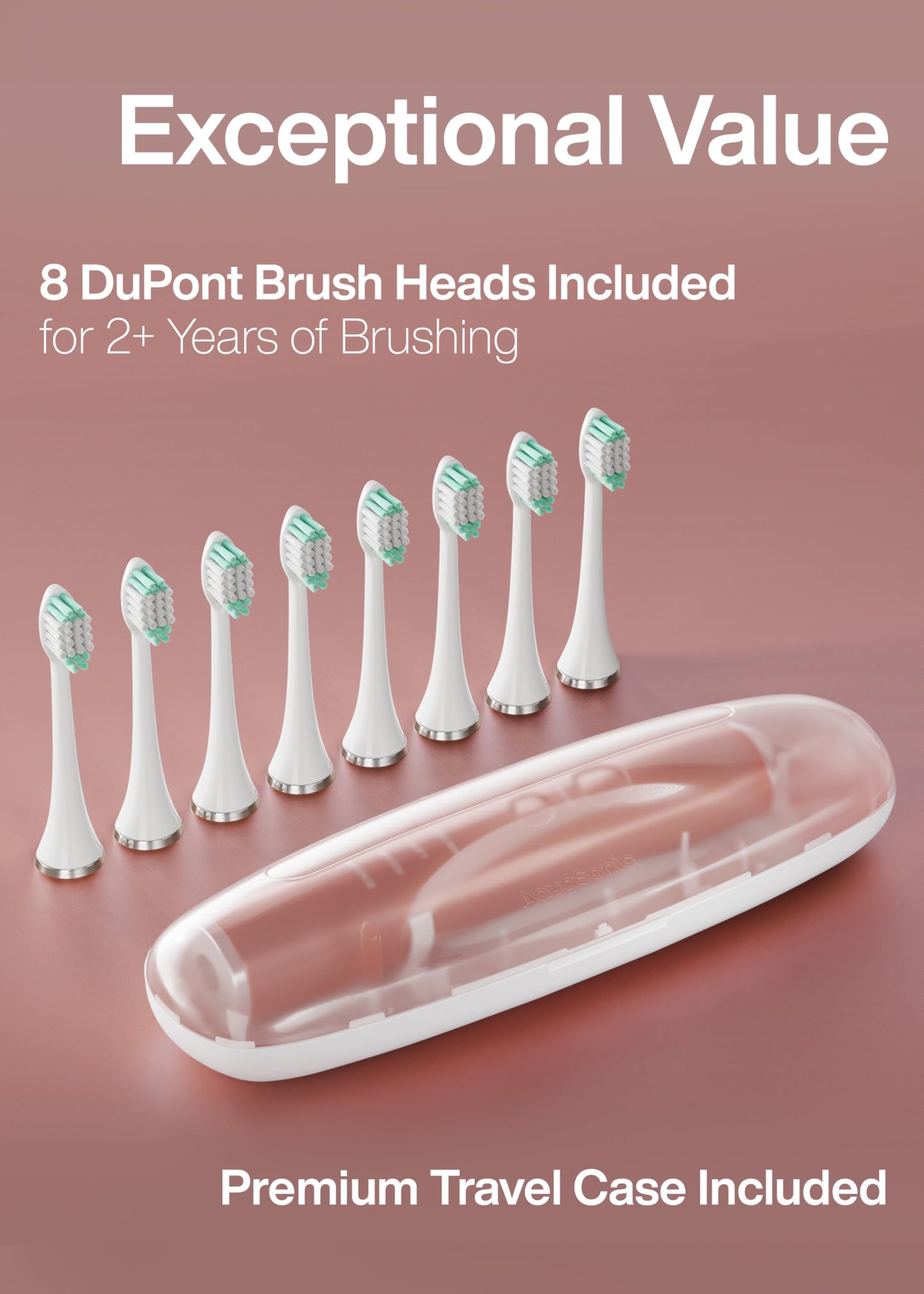 Aquasonic Vibe Series Ultra Whitening Toothbrush ADA Accepted Electric Toothbrush - 8 Brush Heads & Travel Case - Ultra Sonic Motor & Wireless Charging - 4 Modes w Smart Timer Satin Rose Gold