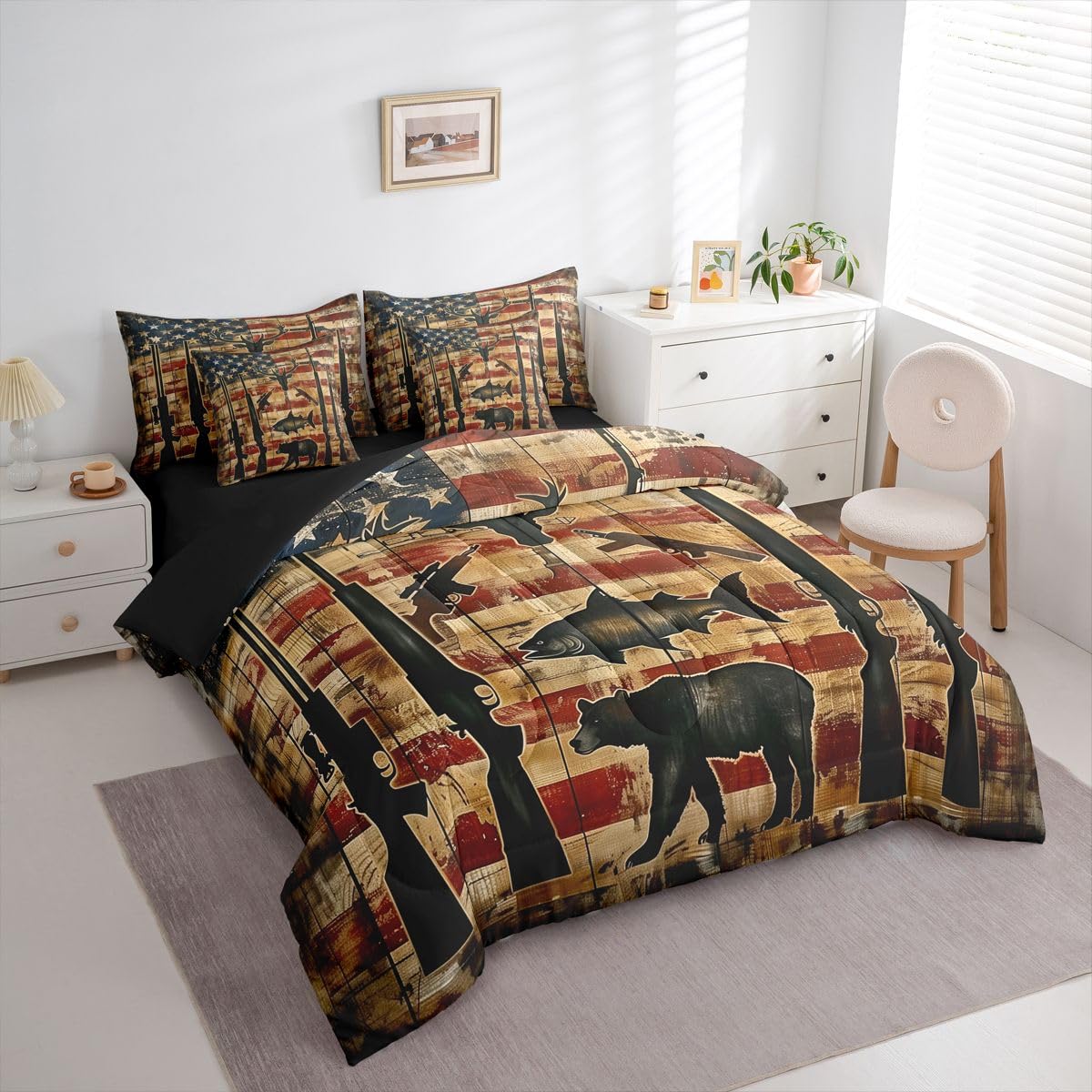 Erosebridal Shotgun 7 Piece Bedding Set Queen American Flag Comforter Set with Sheets Bear Bass Deer Head Hunting Theme Bed in a Bag Board Stars Print Red Blue for Teens Men Women
