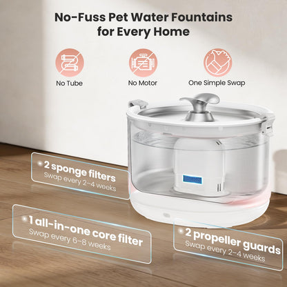 YEAPAW Cat Water Fountain Pumpless Stainless Steel Buckets & Bowl Wireless Pet Water Fountain 2.5L Water Fountains for Cats Indoor Dispenser Easy to Clean BPA -Free White