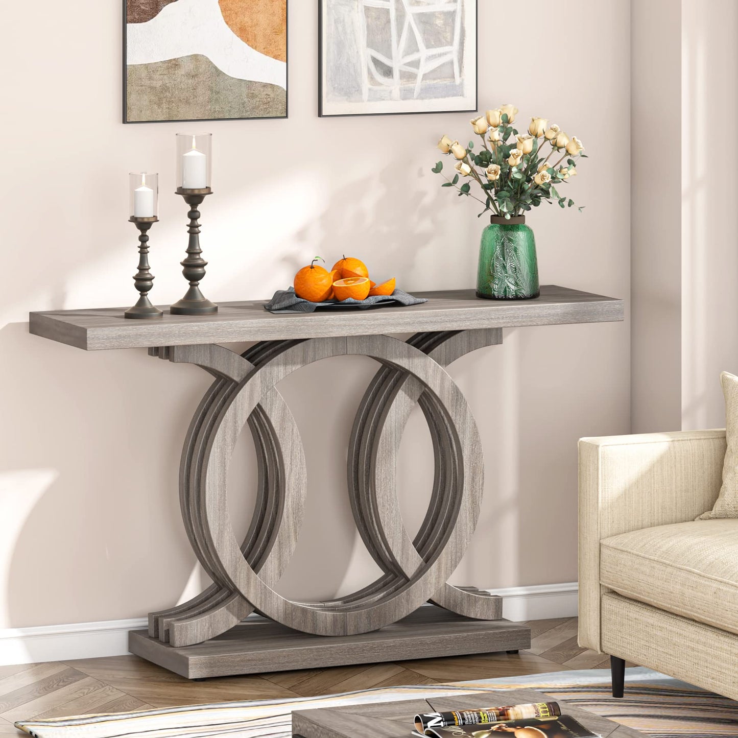 Tribesigns 55 inches Console Table with Geometric Base, Farmhouse Hallway Table, Wooden Entryway Sofa Table, Unique Long Accent Table for Decoration and Organization (Grey)