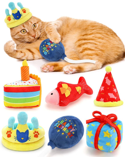 CiyvoLyeen 6Pcs Birthday Themed Catnip Toys Cat Birthday Gift Kitten Interactive Toys for Cat Lover Cake Crown Fish Soft Plush Catmint Pet Supplies Kitty Chew Kick Toys