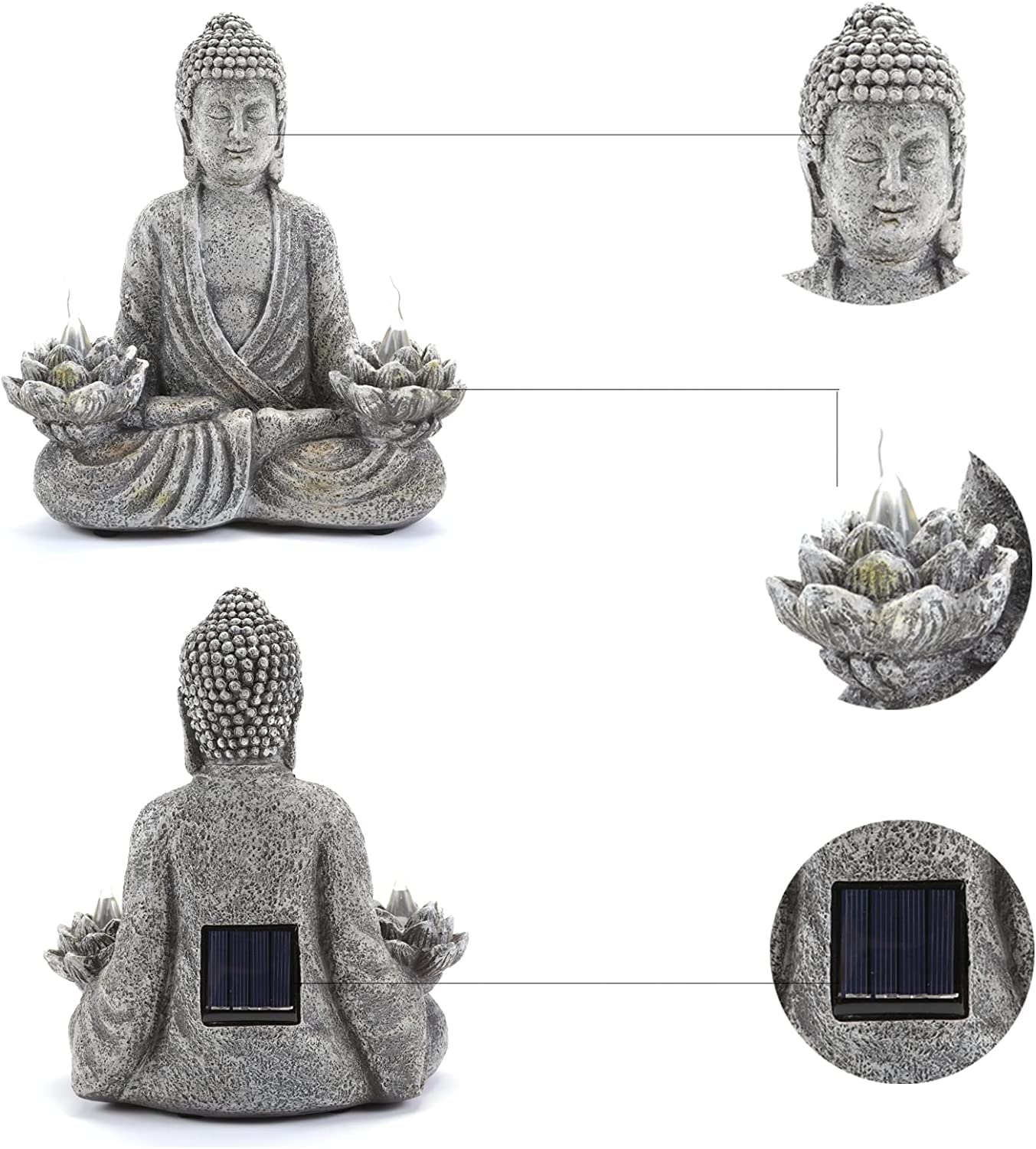 IVCOOLE Buddha Statue Zen Sculpture 11.4in Yoga Garden Decor with LED Solar Lotus Lights, Sitting Meditating Buddha Serene Resin Figurine for Patio Yard Lawn Ornaments,Inside or Outside
