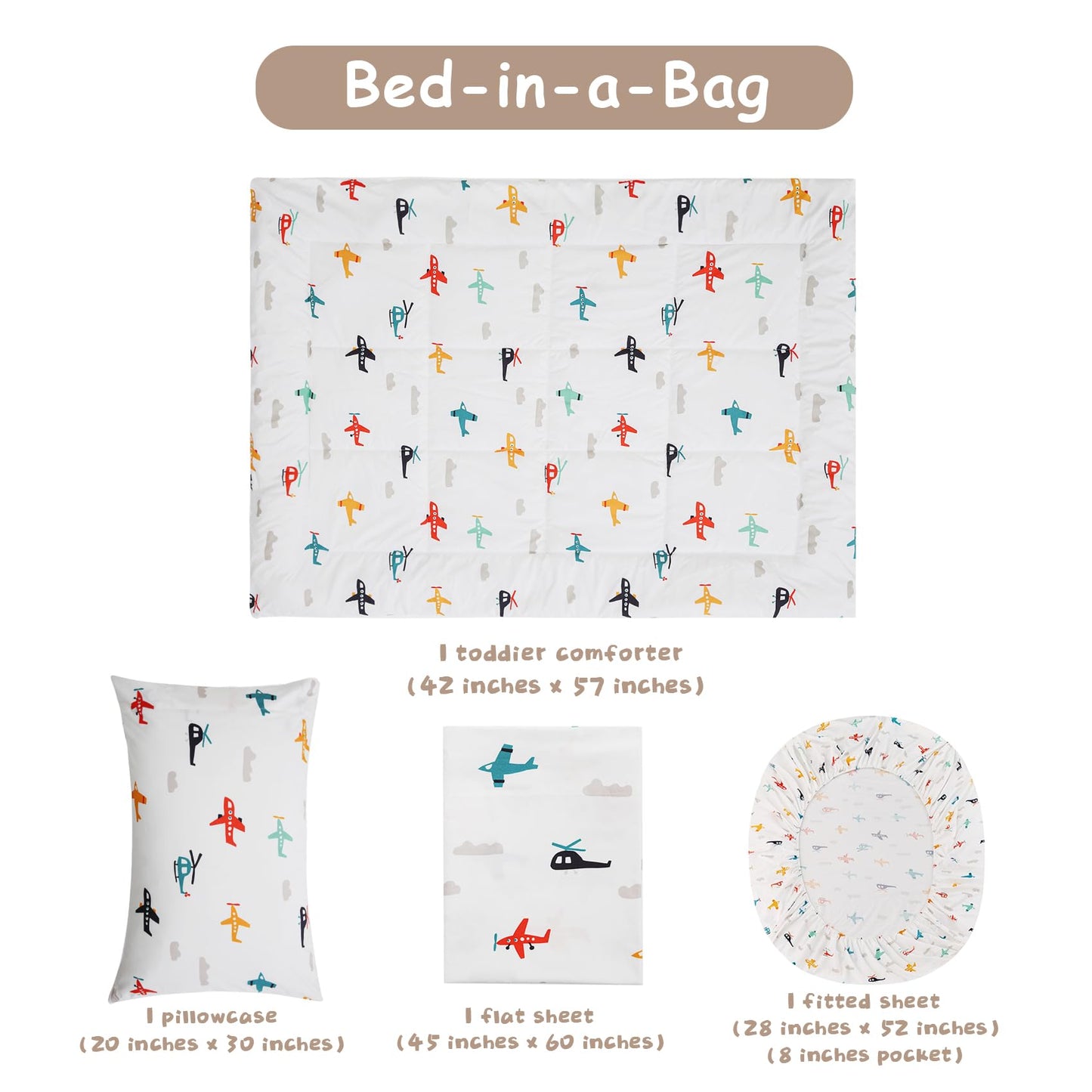 JSD Airplane Toddler Bedding Set, 4 Piece Bed-in-a-Bag Toddler Comforter Sheet Set, Machine Washable