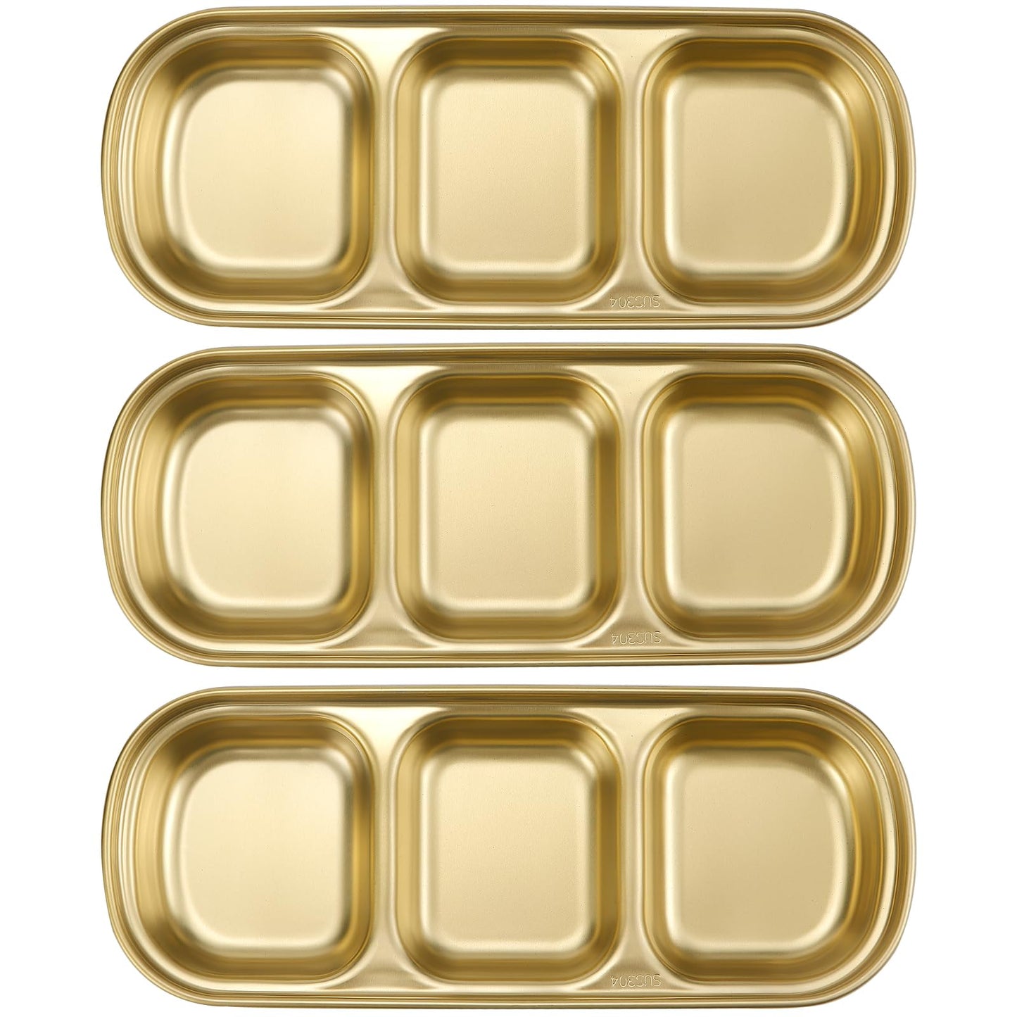 LCJAOF 3Pcs Stainless Steel Dipping Bowls-3 Compartment Appetizer Serving Tray, Soy Sauce Dish for Condiments, BBQ Sauce, and Seasoning, Dishwasher Safe, Gold