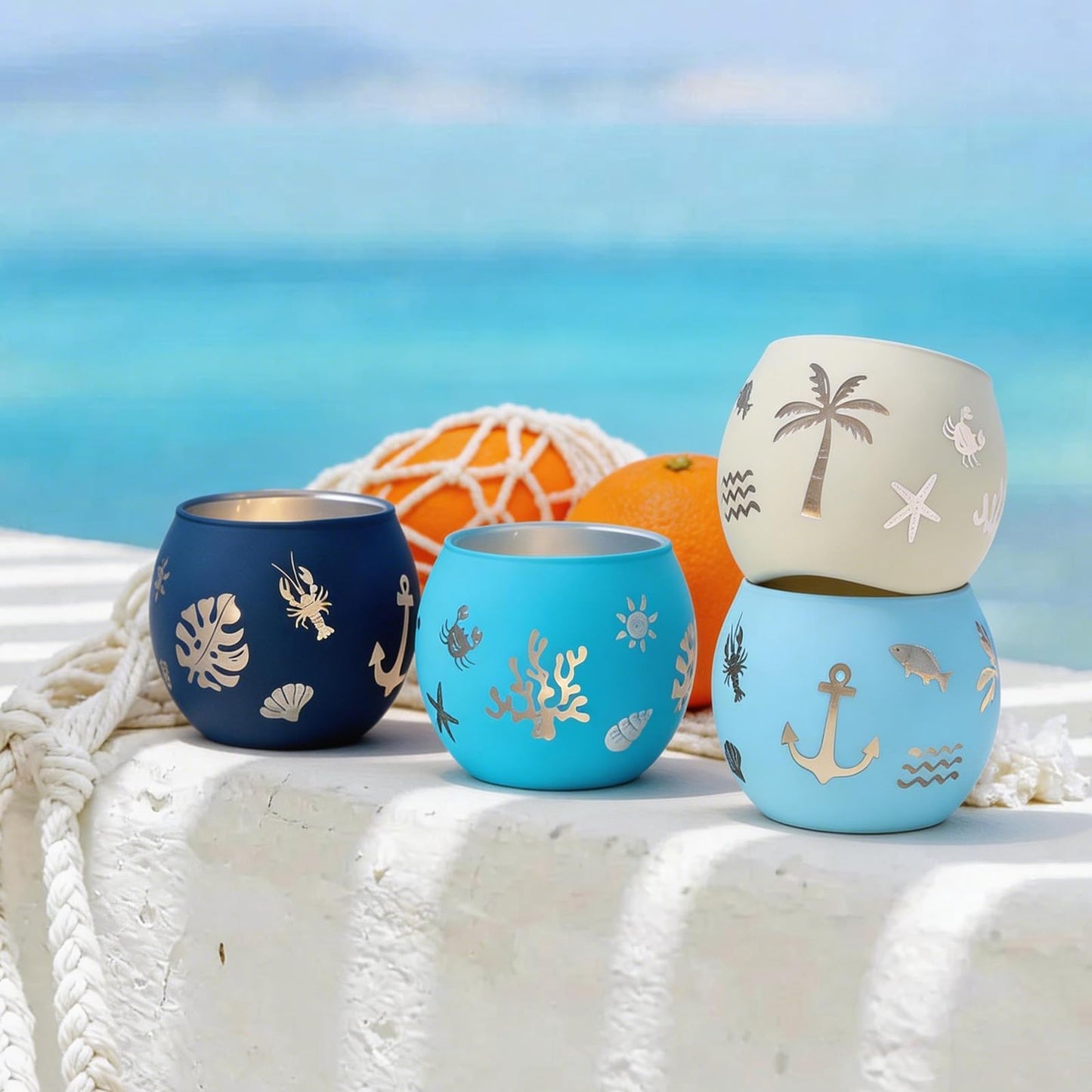 Coastal Ocean Glass Votive Candle Holders Set of 4, Laser Etched Nautical Tealight Holders with Anchor, Palm Tree & Sea Life Patterns, Summer Blue Glass Centerpiece for Home Spa Party Gift