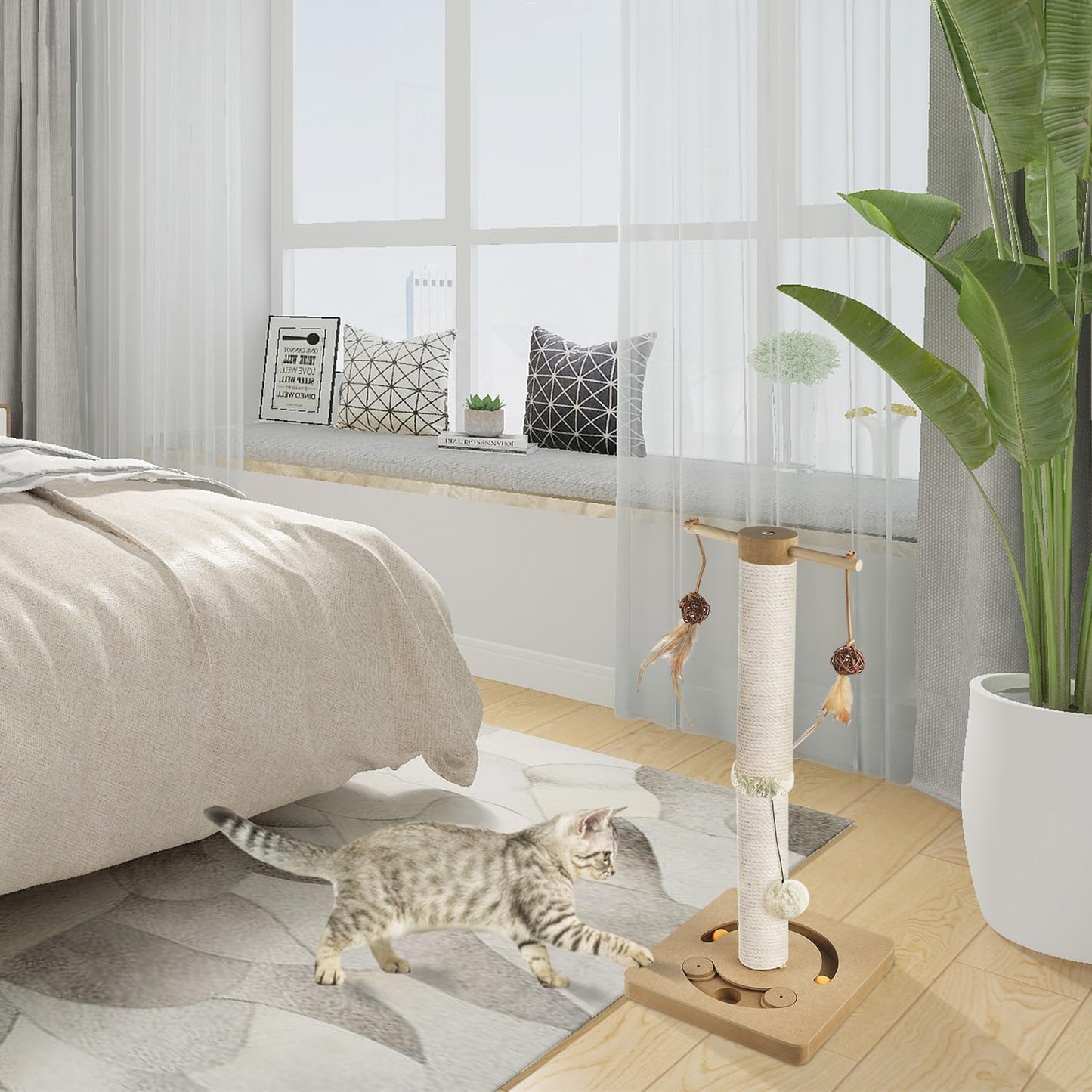 AUSCAT Cat Scratching Post with Multiple Interactive Toys, Vertical Sisal Cat Scratcher for Indoor Cats and Kittens- 63 cm 25 inches Beige