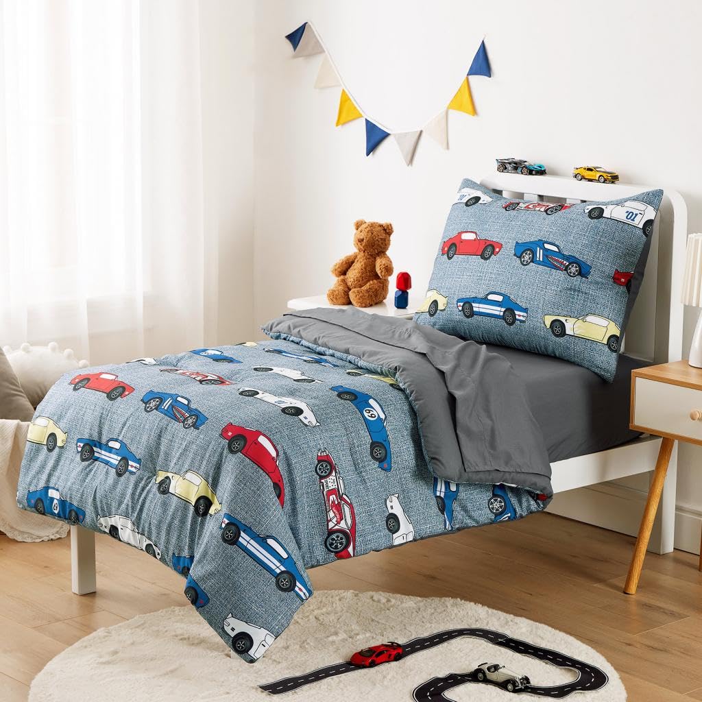 Wake In Cloud - Race Car Toddler Bedding Set for Boys, Cute Colorful Sports Car Supercar Wheels, 4 Pieces Soft Crib Bed Set Including Comforter, Sheets and Pillowcase, Gray