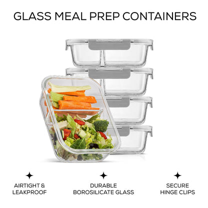 JoyJolt Divided Food Storage Containers with Lids Airtight. 5 Pack Glass Meal Prep Containers 2 Compartment Set Glass Bento Box. Reusable Food Containers, Portion Control Containers for Weight Loss