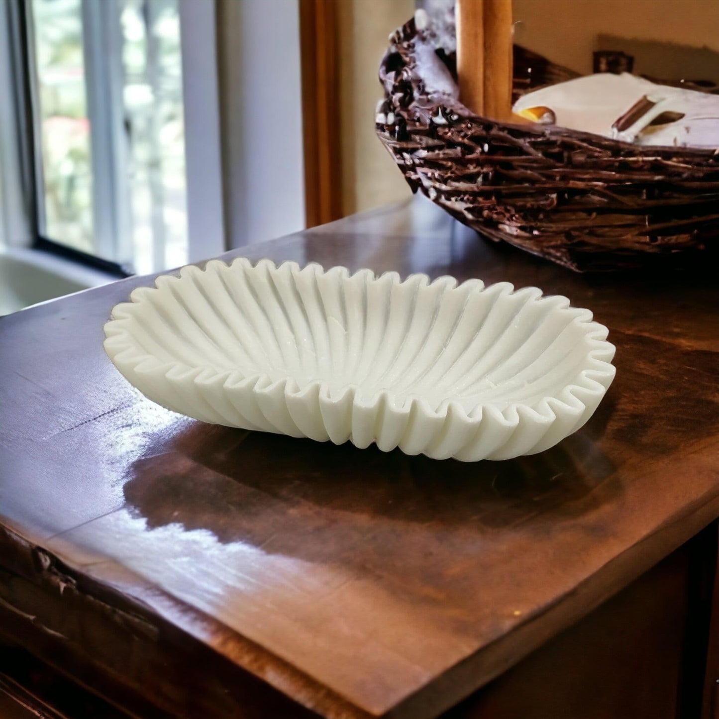 LE HOME DECOR Marble Ruffle Bowls Large Scalloped Decorative Centerpiece, Decorative bowl, White Marble Ripple Bowl, Handmade Scalloped Bowl, House warming gift, Table Decor Bowl 14" White