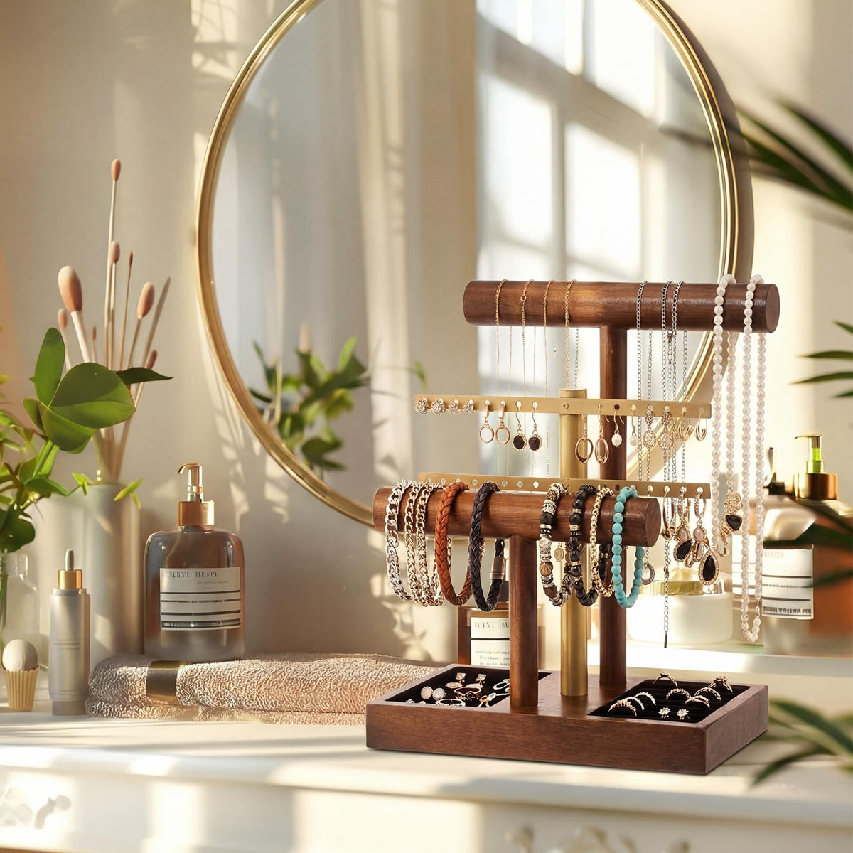 RattanView 3 Tier Bracelet Holder Display with Earring Holder Organizer T-bar Bangle Storage Rack Wooden Jewelry Organizer Stand Gifts for Bracelet Necklaces Earrings Rings Watches Storage Displays