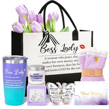 Boss Lady Gifts for Women, Best Boss Gifts for Women, Thank You Gift Baskets for Bosses Female, Birthday Christmas Farewell Office Appreciation Gift Set w/Canvas Tote Bag Acrylic Decor