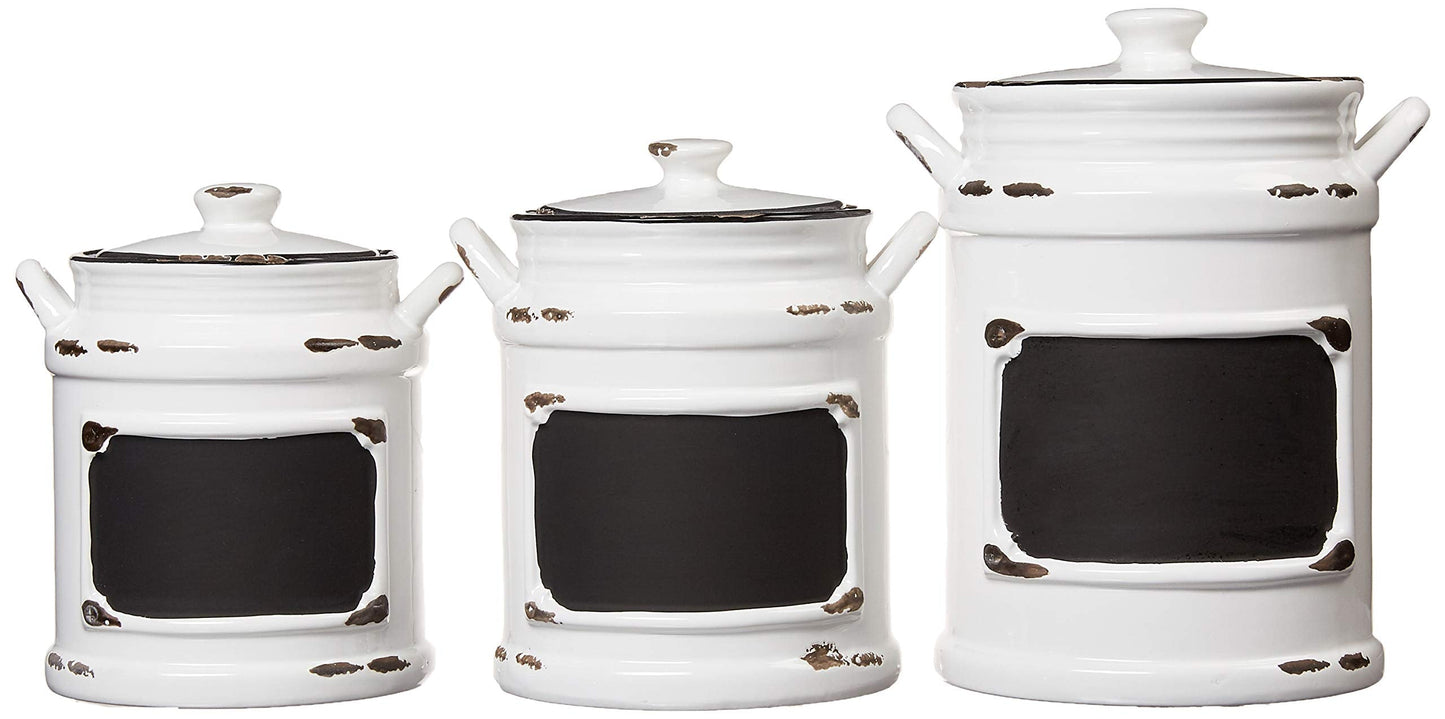 American Atelier Vintage Canister Set 3-Piece Ceramic Jars Chic Design with Lids for Cookies, Candy, Coffee, Flour, Sugar, Rice, Pasta, Cereal & More, 21x8x11, White with Black Distressing