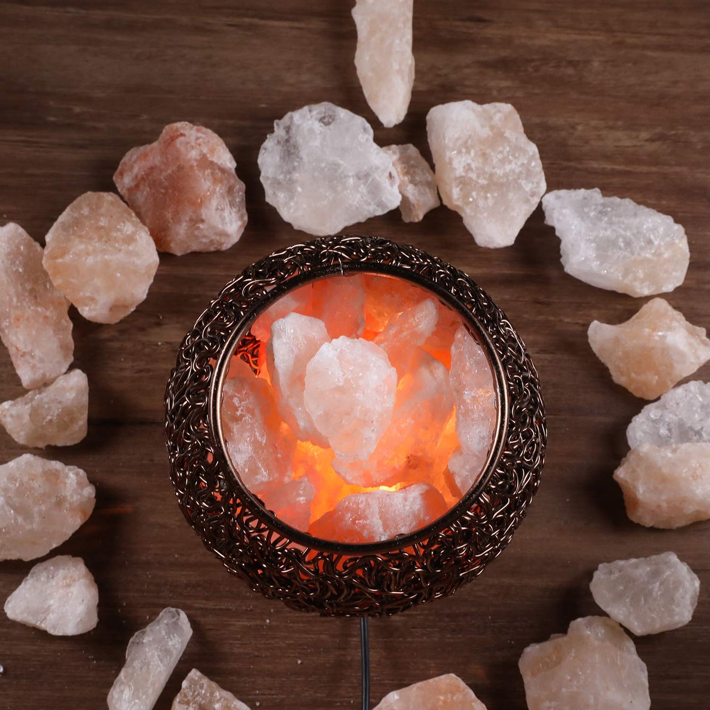 Plemo Natural Himalayan Salt Lamp with Genuine Wood Base in Classic Round Metal Basket with Dimmable Cord and Luxury Gift Box