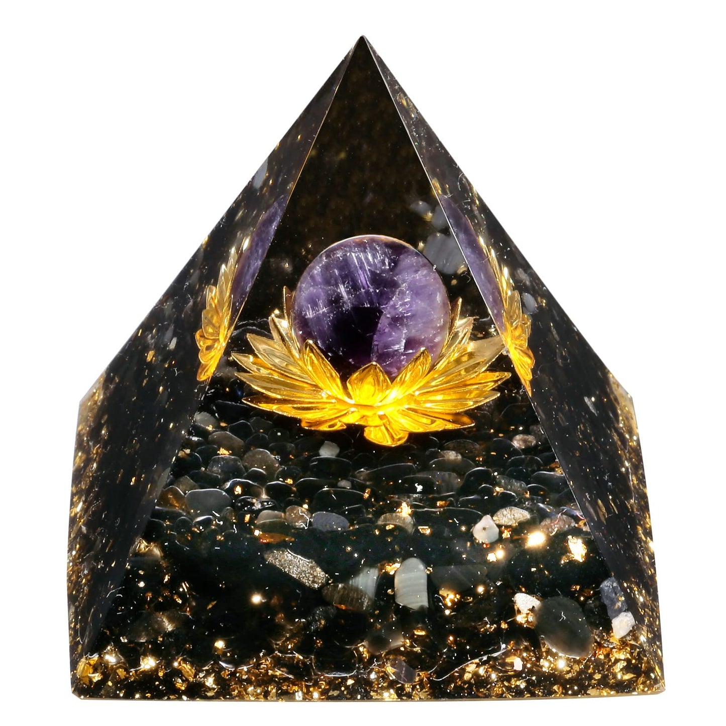 mookaitedecor Amethyst Crystal Sphere Orgone Pyramid with Obsidian Tumbled Stones and Golden Lotus Orgonite Energy Generator for Protection Meditation Home Decor