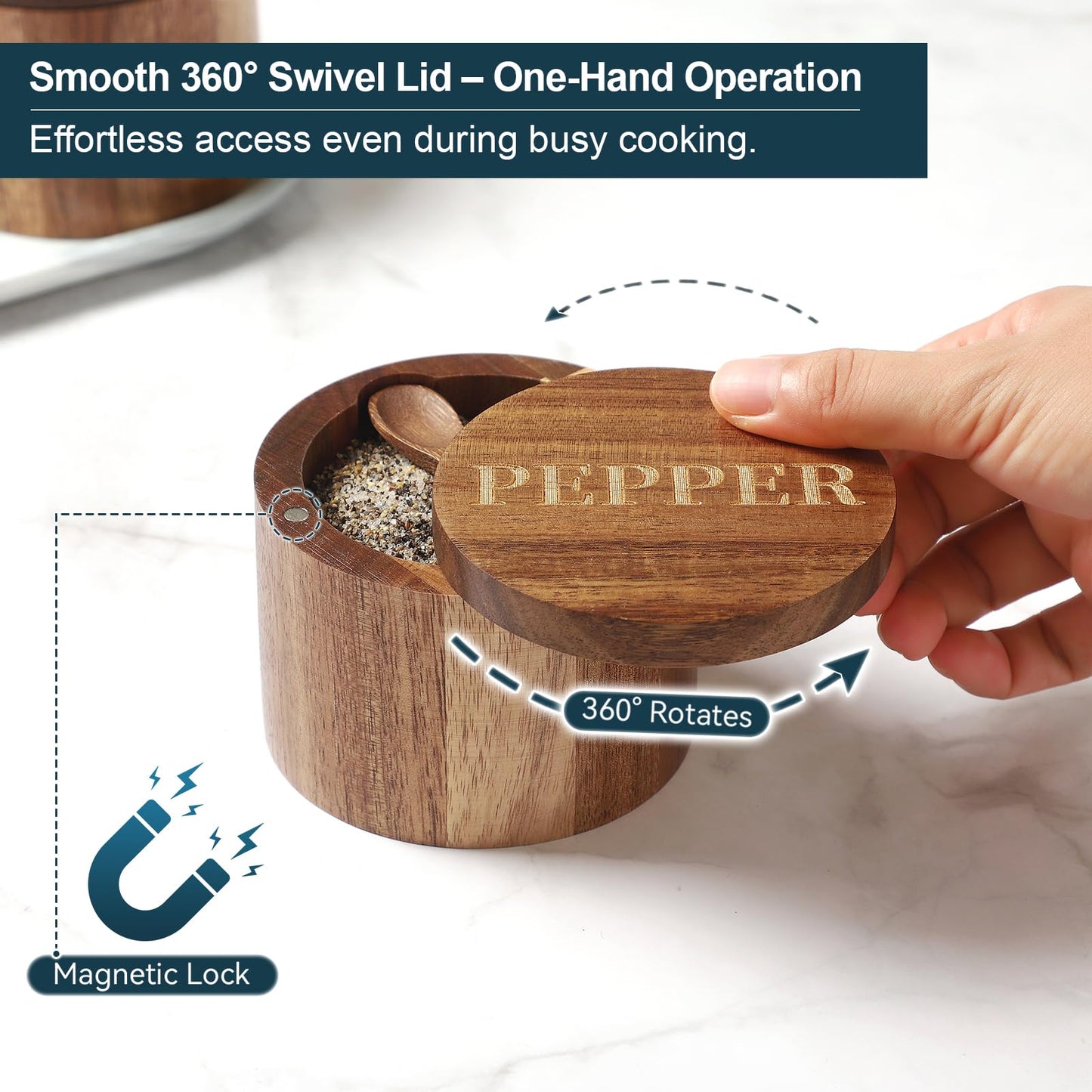 Timtopno Bamboo Salt Cellar & Acacia Wood Salt and Pepper Container Set with Built-in Spoon and Swivel Lid – Elegant Dual Salt Box Collection for Countertop Storage
