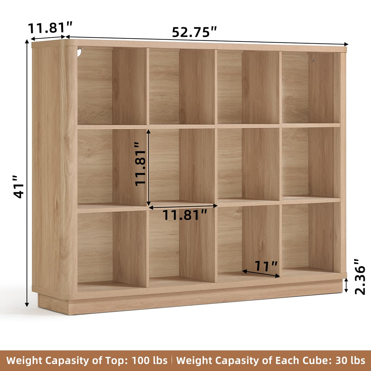 Joaxswe 12 Cube Storage Organizer, 41" Large Bookshelf with Curved Edge, Wood Floor Standing 3-Tier Cubby Bookcase with Base, Rustic Display Storage Cabinet for Living Room, Home Office, Natural Oak