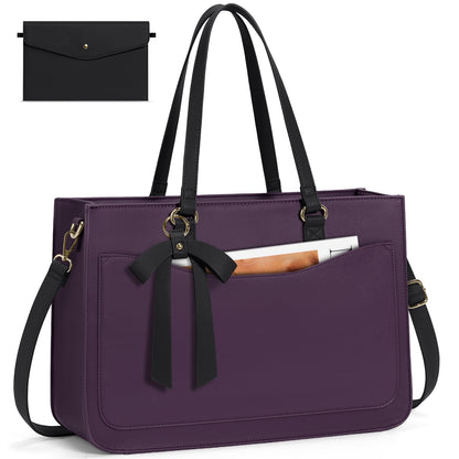 RAINSMORE Laptop Bag for Women 15.6 Inch Work Tote Bags Leather Laptop Tote Waterproof Computer Bag Professional Office Briefcase Large Handbag for College Teacher Travel,Purple and Black