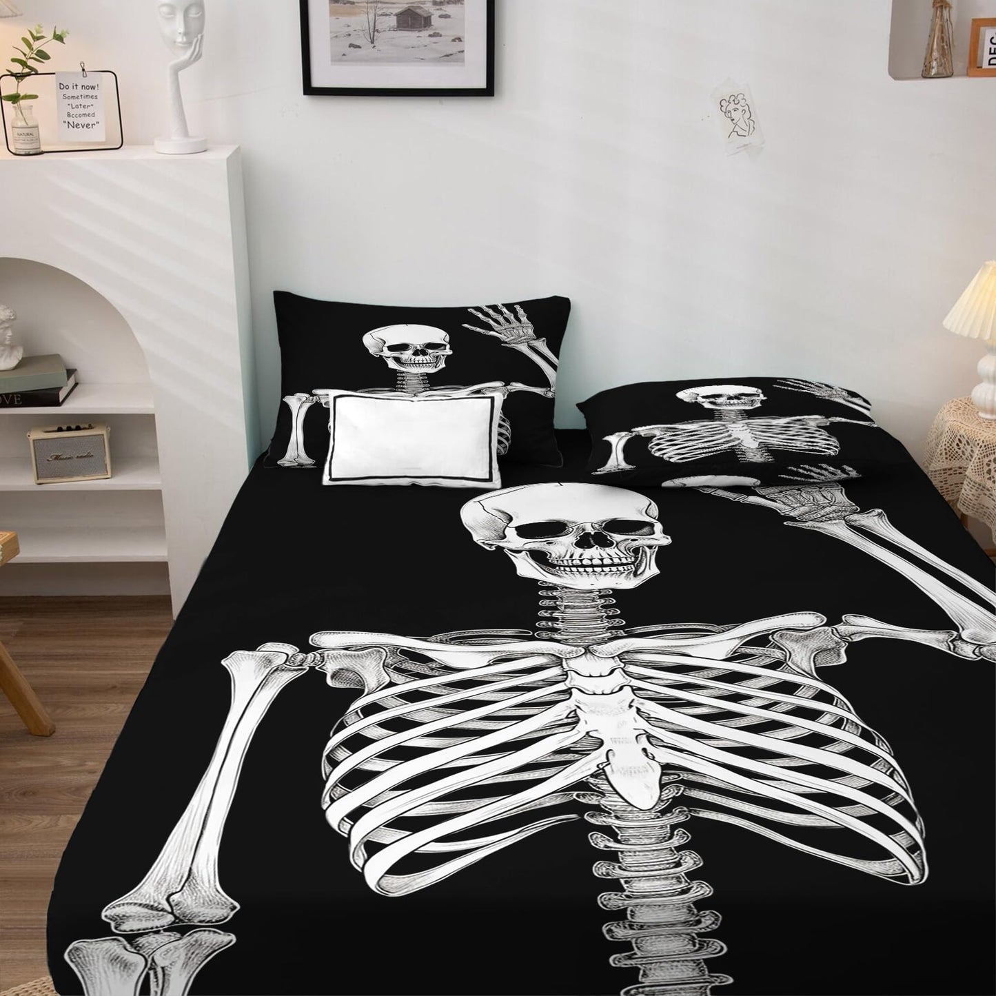 King Size Sheets Set - Funny Skeleton Bed Sheets, Black and White Bedding Sheets & Pillowcases, Soft Microfiber & Deep Pocket & Wrinkle Free Sheet Set, 1 Fitted Sheet, 1 Flat Sheet, 2 Pillow Cases