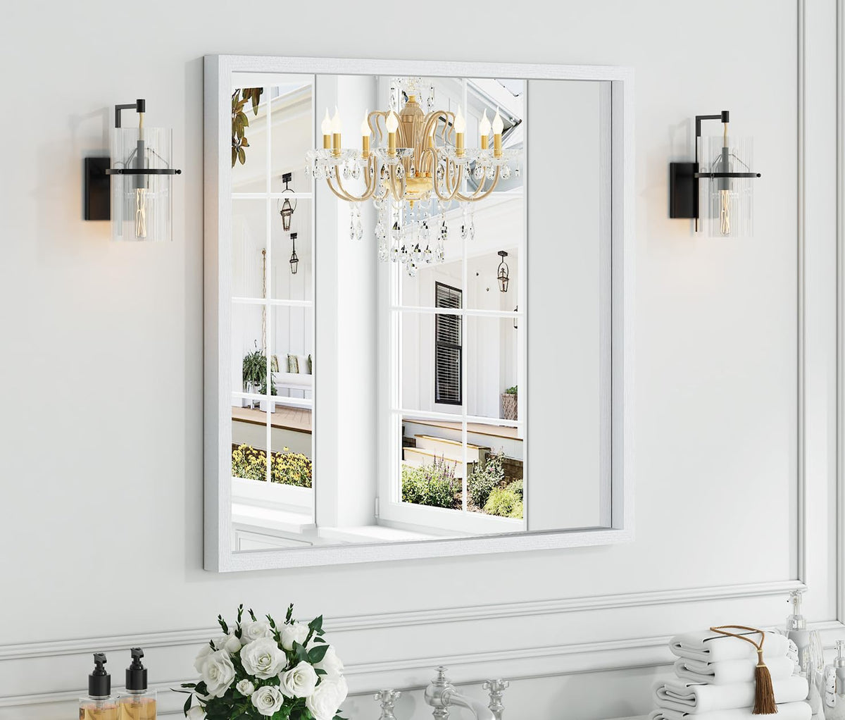 Syndra Square White Wood Frame Bathroom Mirror, 32''x32'' Modern Vanity Mirror for Wall, Waterproof Slim Deep Frame, HD Tempered Glass Mirror for Living Room, Bedroom, Entryway, Rustic, Farmhouse