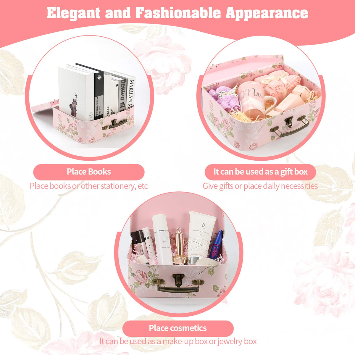 Anndason Set of 3 Paperboard Suitcases Storage Box Storage Gift Boxes With Lids for Photo Storage Home Decoration, Wedding, Birthday, Anniversary and New Year Gift Decoration (3Pcs, Pink Flowers)