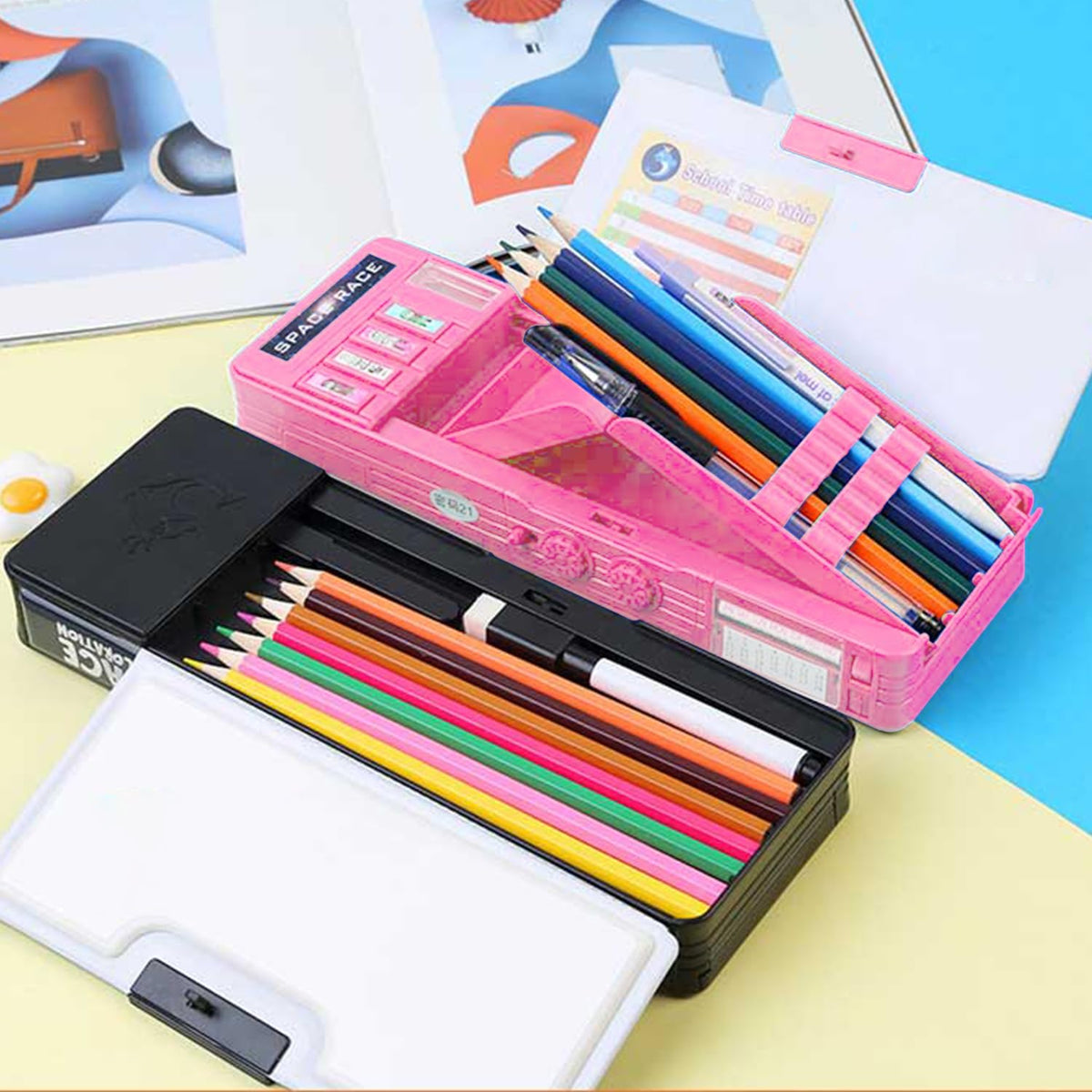 Pop Up Multifunction Pencil Case for Girls and Boys, Cute Cartoon Pen Box Organizer Stationery with Lock, Sharpener, Schedule, Whiteboard, School Supplies, Best Gifts for Kids Teens(Pink 2)