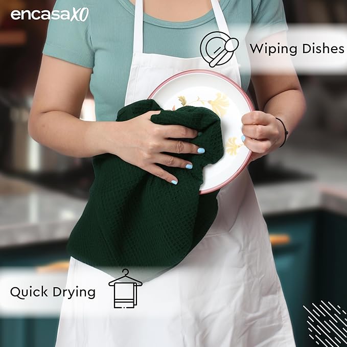 Encasa XO Kitchen Dish Towels Set | Dark Green | Waffle Weave and Flat Hand Tea