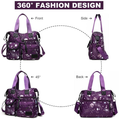 Women's Tote Bag with Multiple Pockets & Zipper,Nurse Bags for Work Nursing Bag,Nylon Tote Handbag for Women,Large Shoulder Handbag Purse,Waterproof Galaxy Cross body Bag for Travel (Purple)