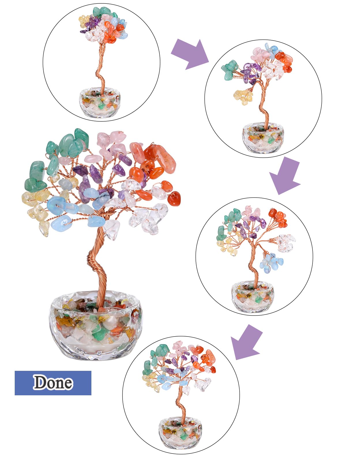 Jovivi Small 7 Chakra Crystals Tree, Natural Crystal Healing Stones Tree Glass Bowl Base Gemstone Money Trees Feng Shui Good Luck Home Desk Decor