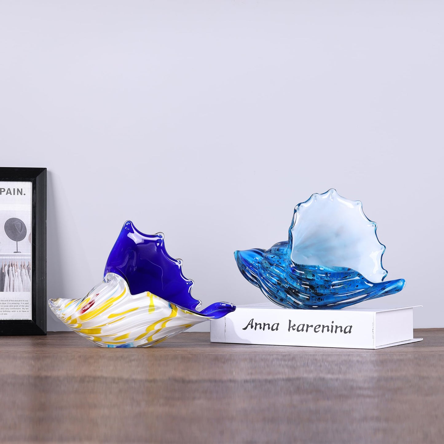 Sea Glass Art Figurines Hand Blown Sea Glass Conch Decor - Ocean Themed Coastal Room Decor, Sea Shell Sculpture Storage for Coastal Room Knick Knacks, Home Kitchen Decorations Above Cabinets (A)