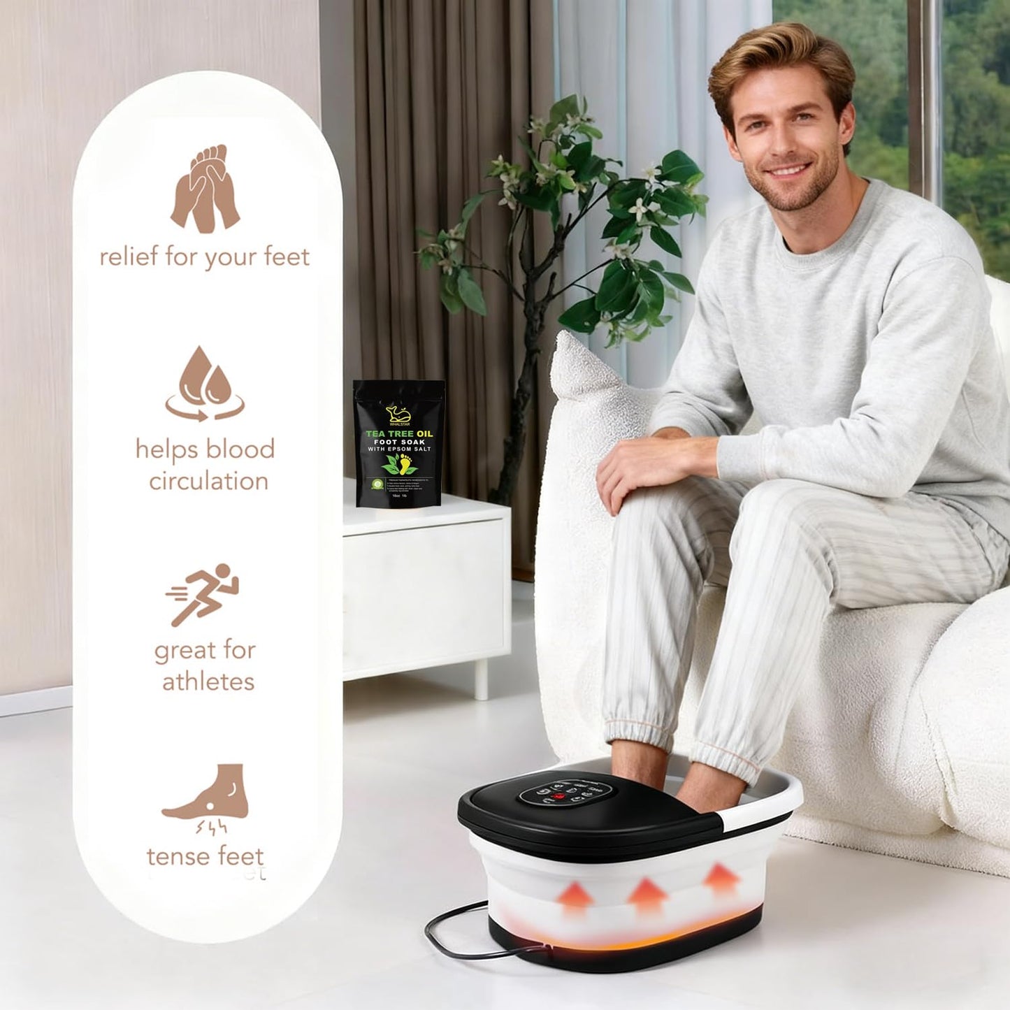 WHALSTAR Collapsible Foot Spa Bath Massager with Heat Bubbles and Vibration Massage and Jets, 16oz Tea Tree Oil Foot Soak with Epsom Salt, Foot Bath Basin with Red Light & Remote - Black